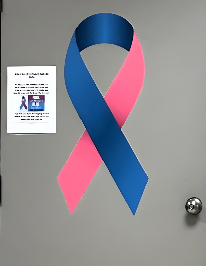 Our male breast cancer ribbon on display in the mammogram department of STEGH (June 2023)