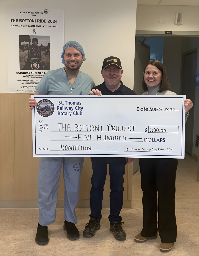 St. Thomas Railway City Rotary Club cheque donation with Dr. David Bottoni, Roland Shea (President), and Janet Ballantyne (March 2025)