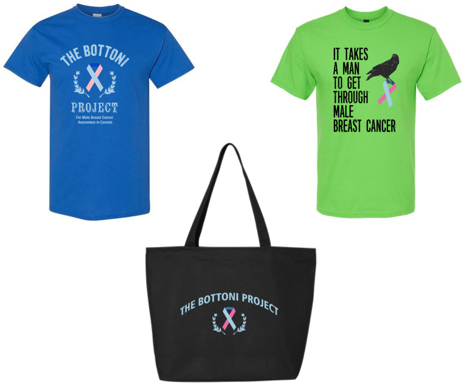 The Bottoni Project swag available for purchase to help raise support for male breast cancer